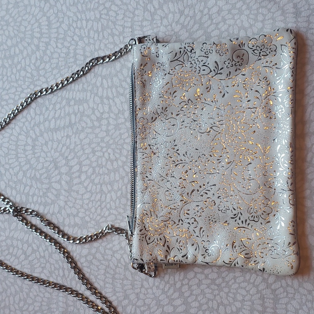 White and Silver Shoulder Bag with Silver Removable Chain